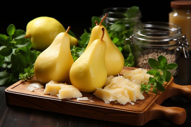 Photo golden pears on a wooden platter with cheese