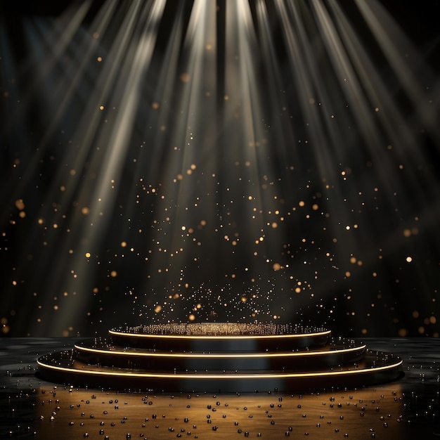 golden pedestal or podium with gold shiny stars background for luxury products