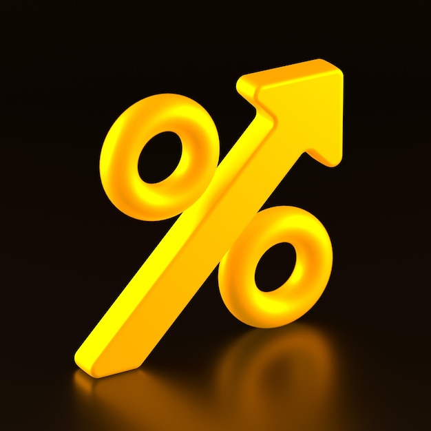 Golden Percent Rise Symbol on Black Background 3d Rendering