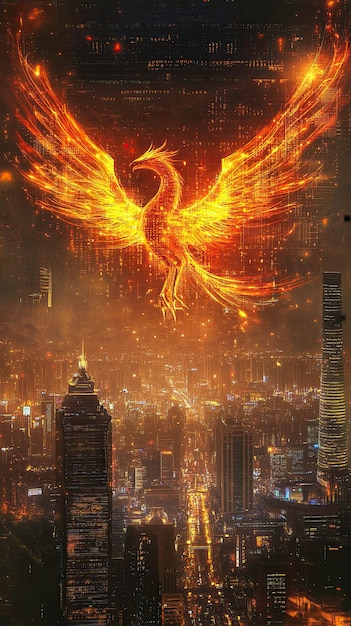 A golden phoenix rising in the future city