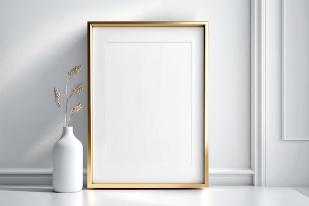 Golden picture frame mockup Empty poster with dryed flower