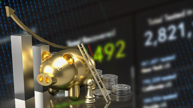 The golden pig and coins on business background 3d rendering