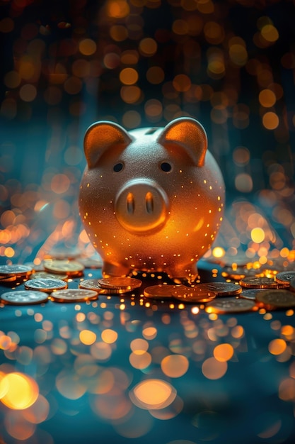 A golden piggy bank sits on a pile of coins illuminated by warm sparkling bokeh lights symbolizing savings and financial growth