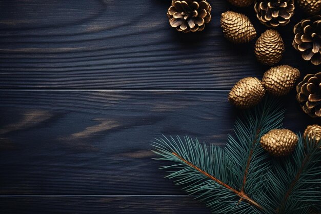 Golden pine leaves and christmas balls background