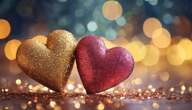 Golden and pink glitter hearts with bokeh background Winter love holiday Valentines Day