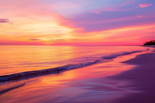 Golden pink sunset over calm waves at serene beach