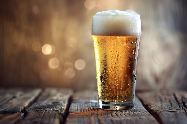 Golden Pint of Beer on Rustic Wooden Table with Ambient Light and Condensation