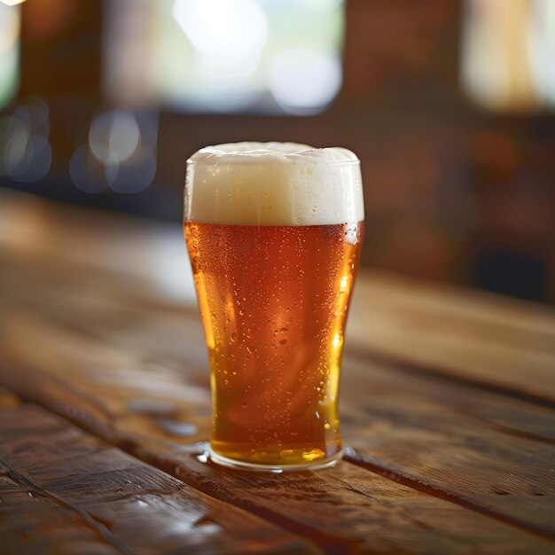 Golden Pint of Beer on Rustic Wooden Table with Ambient Light and Condensation