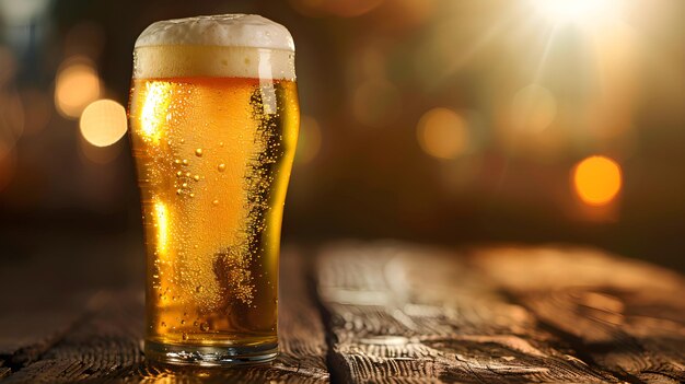 Golden Pint of Beer on Rustic Wooden Table with Ambient Light and Condensation