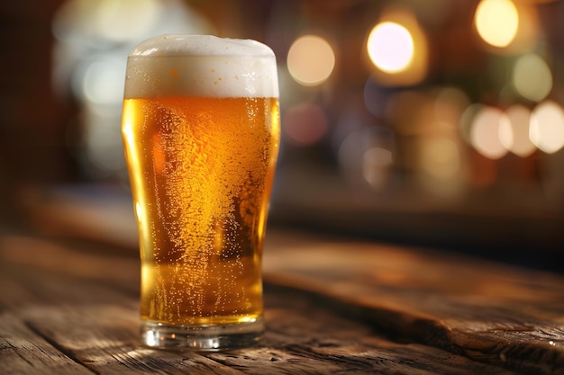 Golden Pint of Beer on Rustic Wooden Table with Ambient Light and Condensation