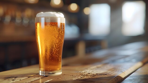 Golden Pint of Beer on Rustic Wooden Table with Ambient Light and Condensation