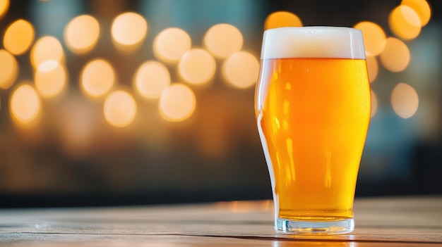 Photo golden pint of beer on a wooden table with blurred bokeh lights in the background