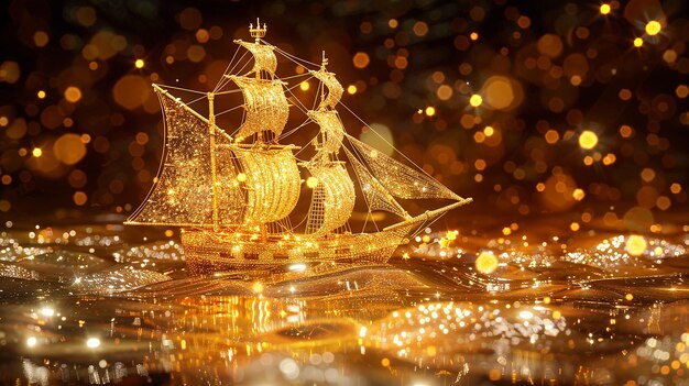 Photo a golden pirate ship made of gold and diamonds sailing on the sea full of jewels glittering with g