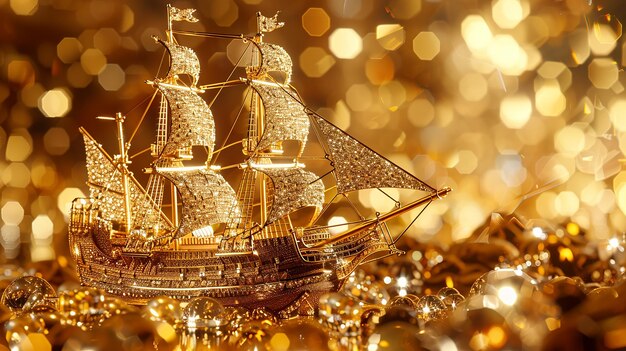 Photo a golden pirate ship made of gold and diamonds sailing on the sea full of jewels glittering with g