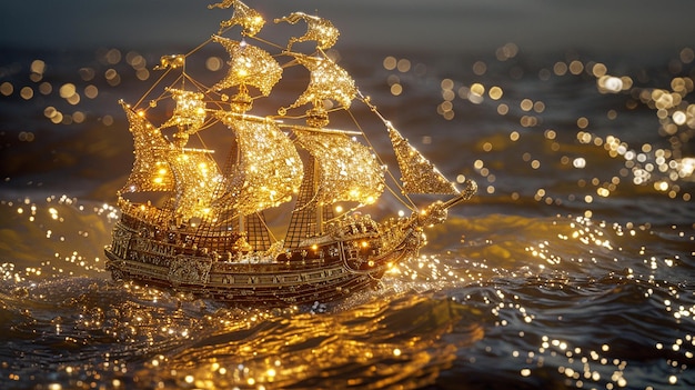 A golden pirate ship made of gold and diamonds sailing on the sea full of jewels glittering with g