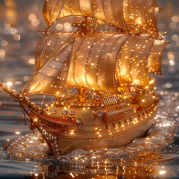 Photo a golden pirate ship made of gold and diamonds sailing on the sea full of jewels glittering with g