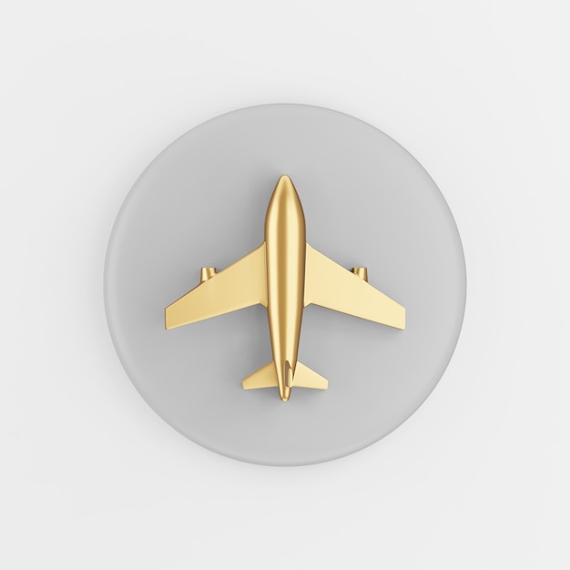 Golden plane icon. 3d rendering gray round key button, interface ui ux element.