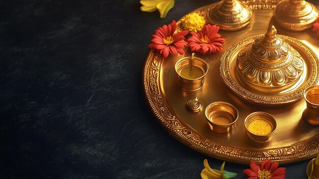 Photo golden plate with puja items