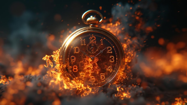 Golden Pocket Watch Engulfed in Flames Time Burning Away Concept Perfect for urgency fire deadline