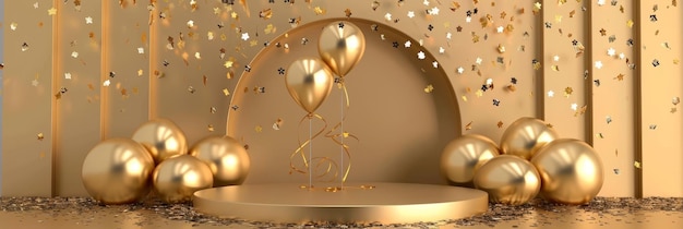 Photo golden podium adorned with balloons and confetti a premium award display for festive occasions