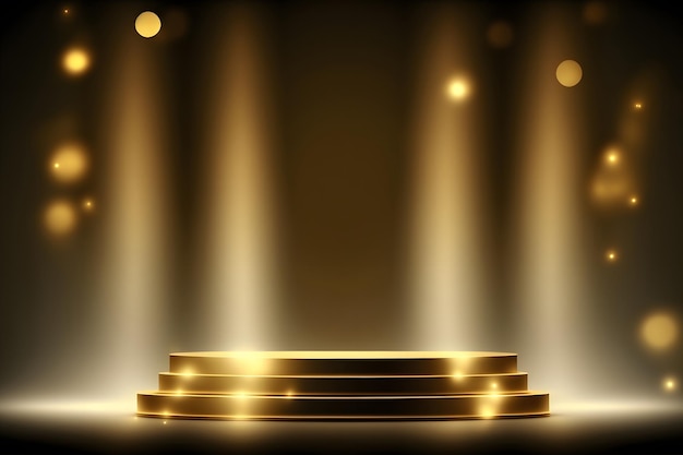 Golden podium blurred yellow background bokeh glare and reflection