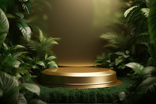 A golden podium in a jungle with plants around it