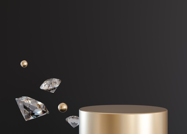 Golden podium with flying diamonds and golden spheres on black background Mock up for product cosmetic presentation Pedestal or platform for beauty products Empty scene Copy space 3D rendering