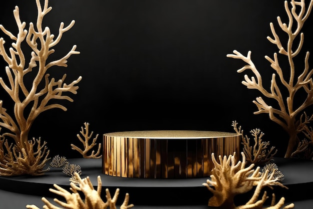 Golden podium with golden corals on black background