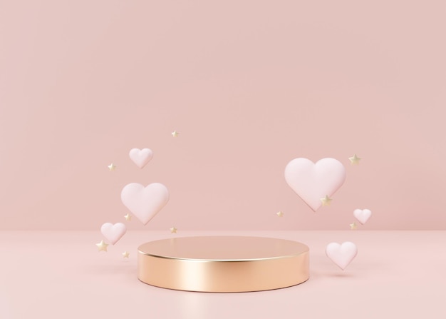 Golden podium with hearts and stars Women's Day Mother's Day Wedding Anniversary Valentins Day Platform for product cosmetic presentation Mock up Pedestal for beauty products 3D rendering