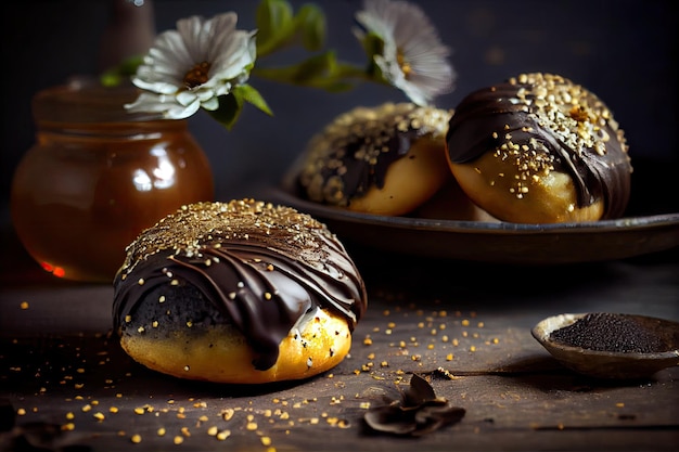 Golden poppy seed buns with delicious chocolate glaze