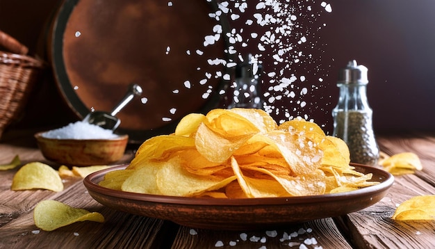 Photo golden potato chips with sea salt in rustic bowl closeup view crispy and delicious snack