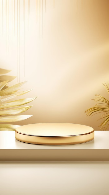 Golden product display stand background with sunlight and leaves