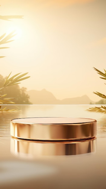 Golden product display stand background with sunlight and leaves