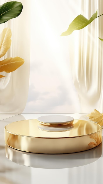 Golden product display stand background with sunlight and leaves