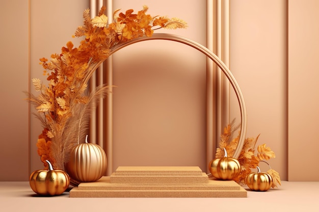 Golden Product podium Golden Pumpkins on Beige background Autumn banner advertisement mockup for Halloween or Thanksgiving Generative AI