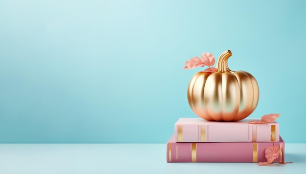 Golden pumpkin with books on a blue background banner 1