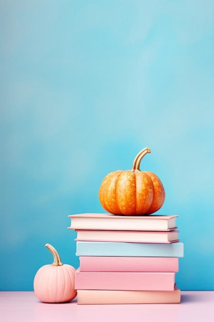 Golden pumpkin with books on a blue background