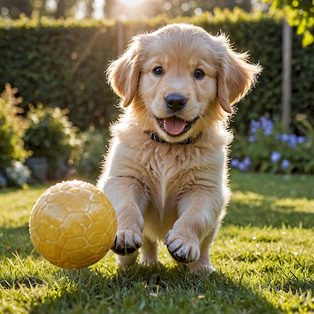 Photo a golden puppy playing with a ball in the grass