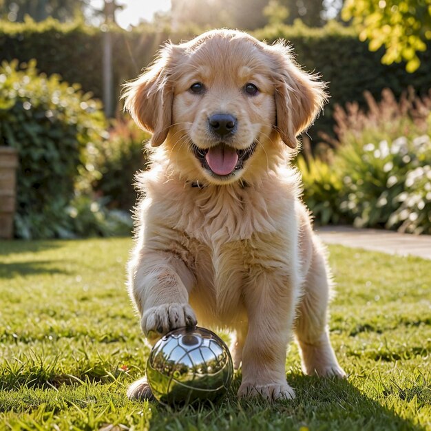 a golden puppy with a ball in its mouth