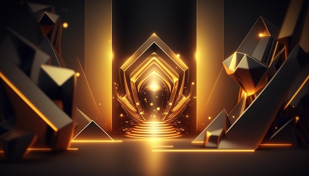 A golden pyramid with a black background and gold shapes.