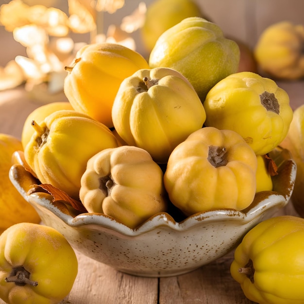 Photo golden quinces in a ceramic bowl