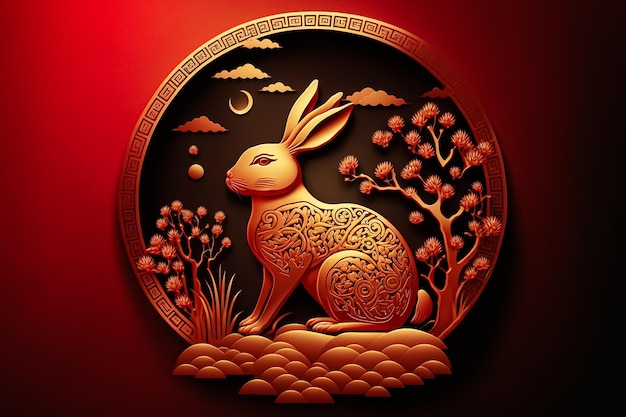 Golden Rabbit zodiac sign with Asian elements isolated Lunar New Year Generative AI