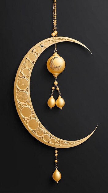 Photo golden ramadan moon decor with islamic rosary beads and dates fruit