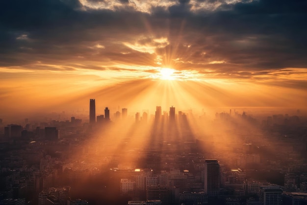 Golden Rays of Dawn Illuminating a Silhouetted Cityscape