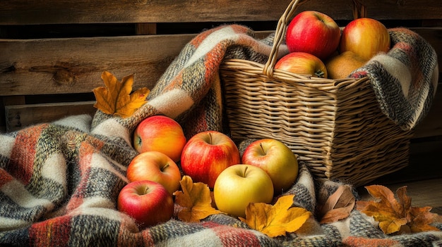 Golden and red apples rest in a wicker basket surrounded by warm plaid and wooden crate accents