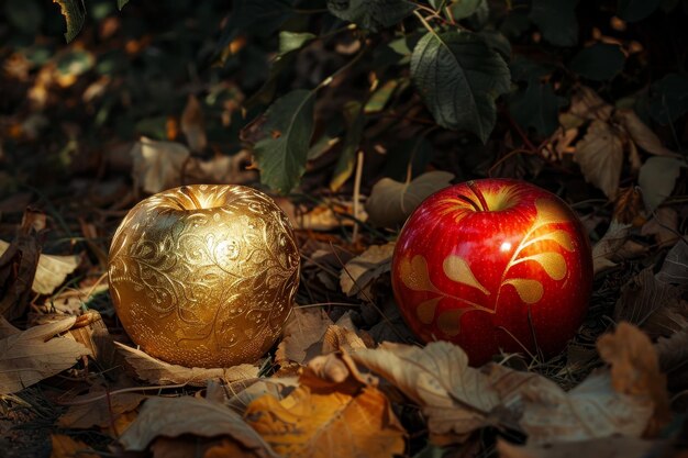 Photo golden and red apples resting on autumn leaves