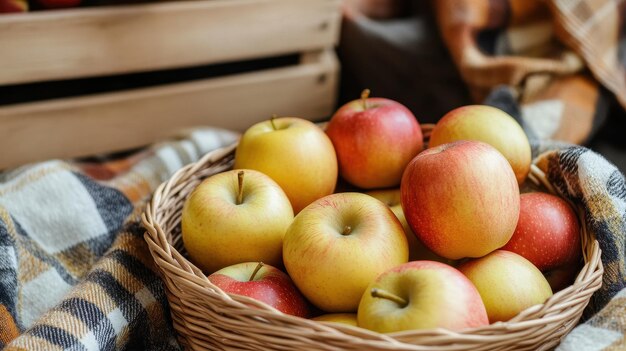 Golden and red apples in a wicker basket with a cozy plaid blanket and wooden crate