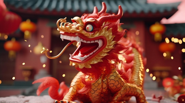 golden red chinese dragon with paper fire flames