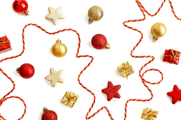 Golden and red Christmas decorations isolated