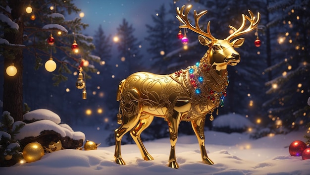 golden reindeer is standing in a snowy forest